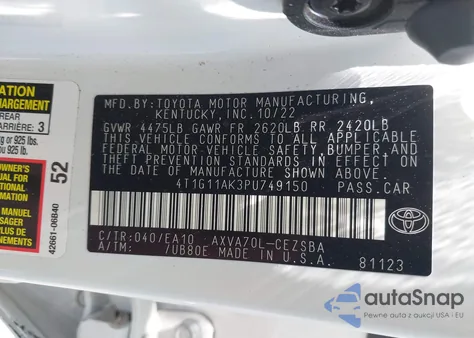 2023 Toyota Camry Se z USA, uszkodzony, nr VIN 4T1G11AK3PU749150